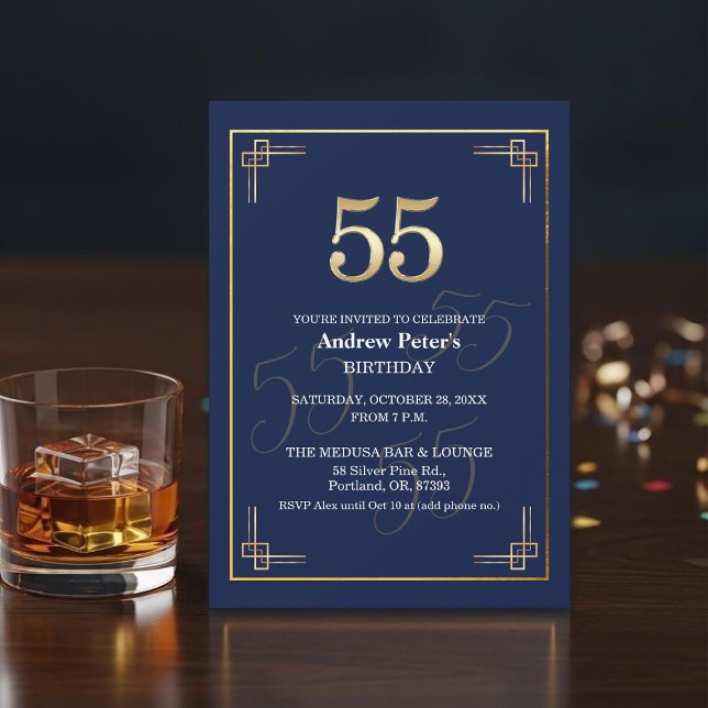 Invitation Fête d'anniversaire élégante bleu or 55 ans (Créateur téléchargé)