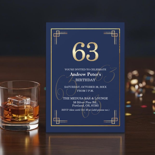 Invitation Fête d'anniversaire élégante Bleu Or 63 ans (Créateur téléchargé)