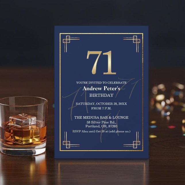 Invitation Fête d'anniversaire élégante Bleu Or 71 ans (Créateur téléchargé)