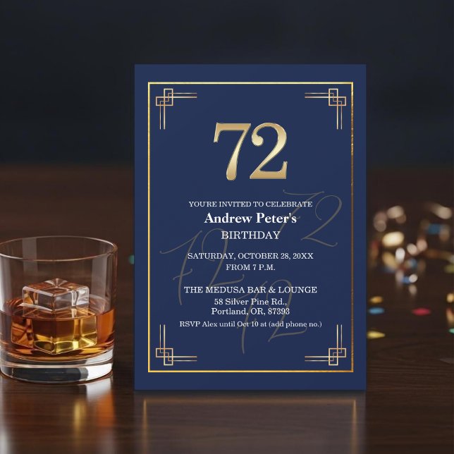 Invitation Fête d'anniversaire élégante Bleu Or 72 ans (Créateur téléchargé)