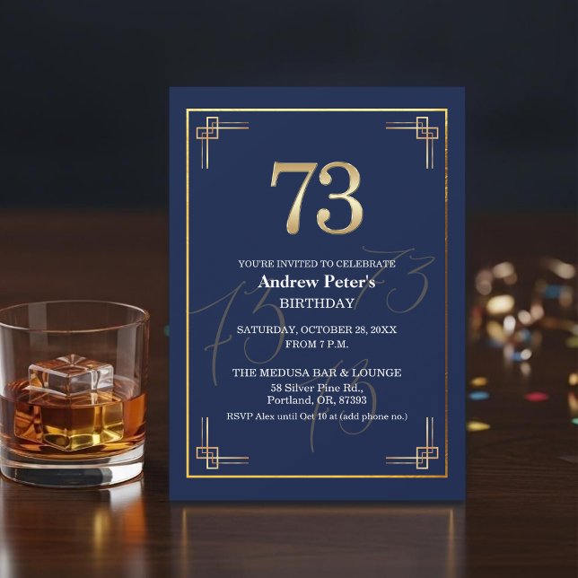 Invitation Fête d'anniversaire élégante Bleu Or 73 ans (Créateur téléchargé)