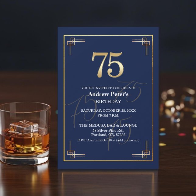 Invitation Fête d'anniversaire élégante Bleu Or 75 ans (Créateur téléchargé)