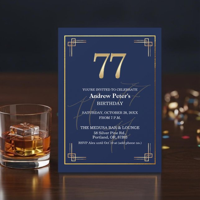 Invitation Fête d'anniversaire élégante Bleu Or 77 ans (Créateur téléchargé)