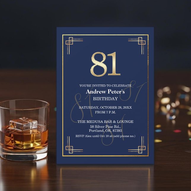 Invitation Fête d'anniversaire élégante Bleu Or 81 ans (Créateur téléchargé)