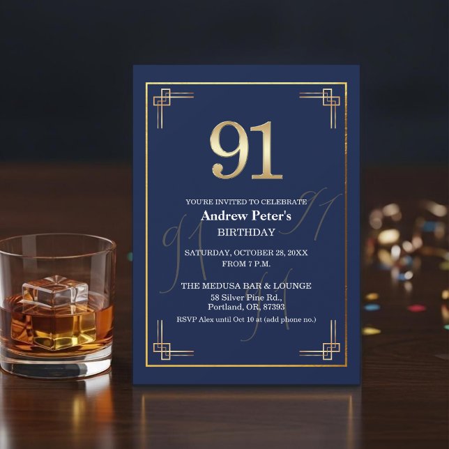 Invitation Fête d'anniversaire élégante Bleu Or 91 ans (Créateur téléchargé)