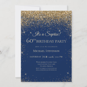 Invitation Fête d'anniversaire élégante Bleu Or Surprise 60 a