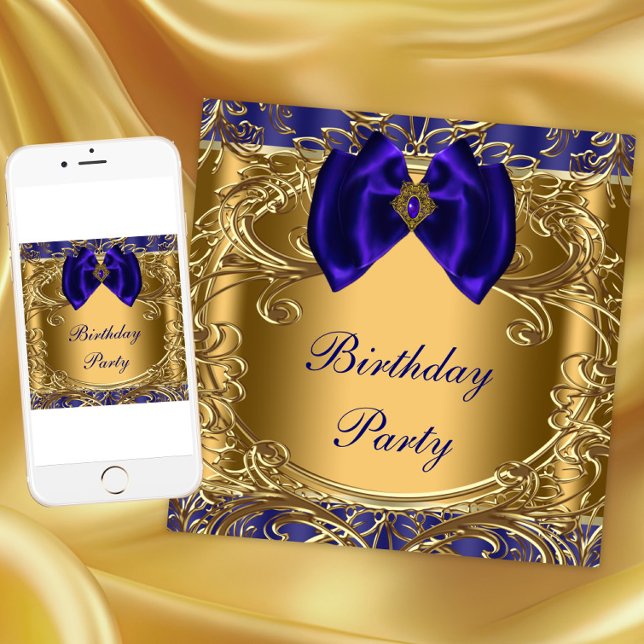 Invitation Fête d'anniversaire élégante bleu royal et or (Any event invitation. Instant download and printed invitations available.)