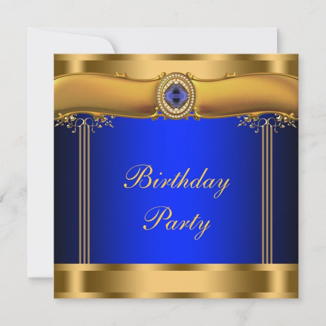 Invitation Fête d'anniversaire élégante bleu royal et or (Devant)