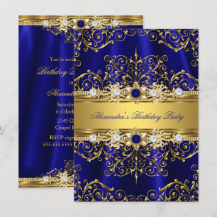 Invitation Fête d'anniversaire élégante bleu royal et or dama