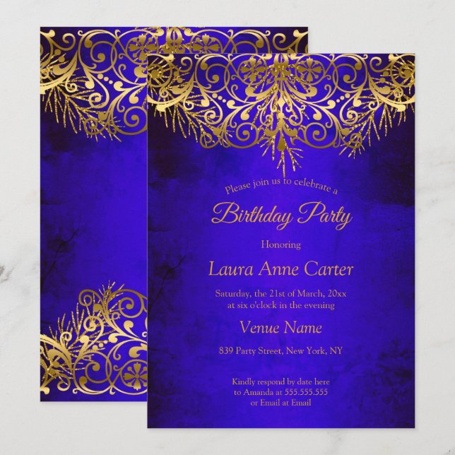Invitation Fête d'anniversaire élégante Bleu Royal Or (Devant / Derrière)