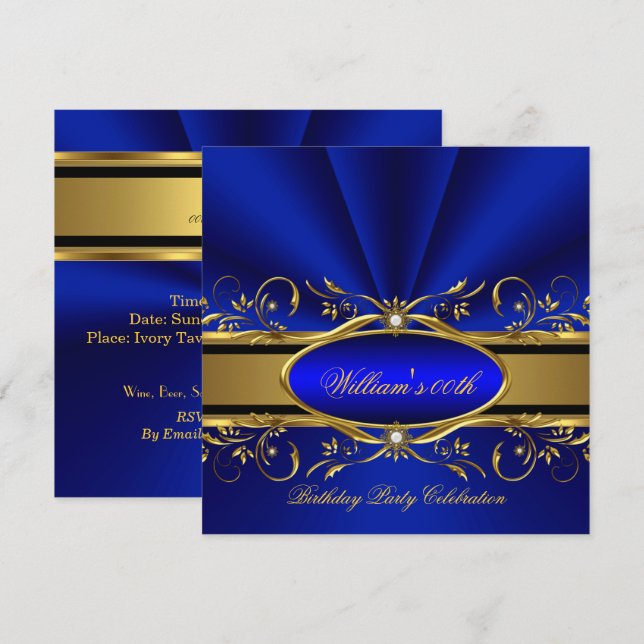 Invitation Fête d'anniversaire élégante bleu royal or (Devant / Derrière)
