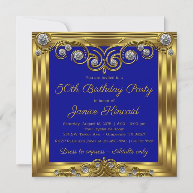 Invitation Fête d'anniversaire élégante bleu royal or pour fe (Devant)