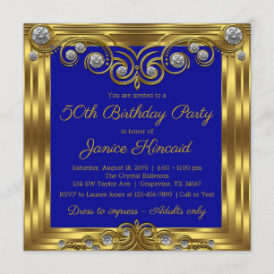 Invitation Fête d'anniversaire élégante bleu royal or pour fe