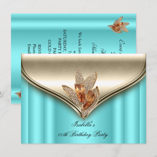 Invitation Fête d'anniversaire élégante bleu sarcelle bronze  (Devant / Derrière)
