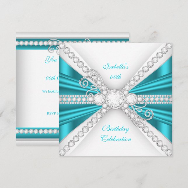 Invitation Fête d'anniversaire élégante bleu sarcelle et diam (Devant / Derrière)