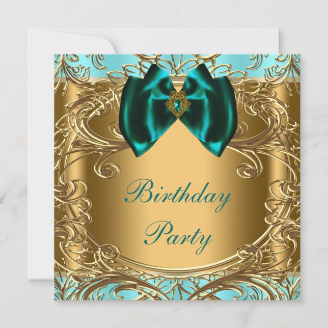 Invitation Fête d'anniversaire élégante bleu sarcelle et or (Devant)