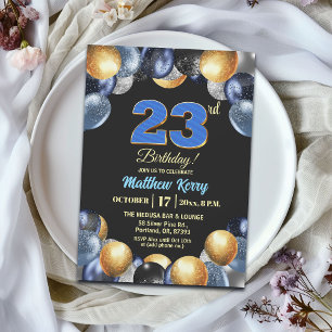 Invitation Fête d'anniversaire élégante bleue argent or 23ème