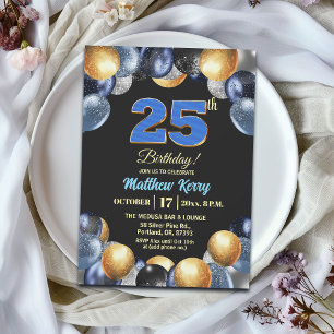 Invitation Fête d'anniversaire élégante bleue argent or 25 an
