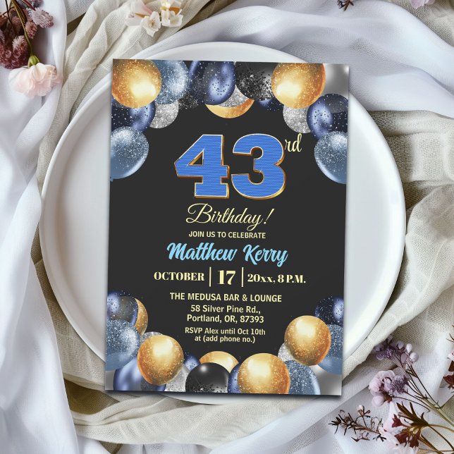 Invitation Fête d'anniversaire élégante bleue argent or 43 an (Créateur téléchargé)