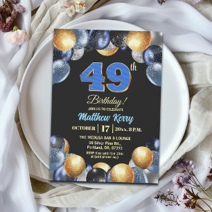 Invitation Fête d'anniversaire élégante bleue argent or 49 an