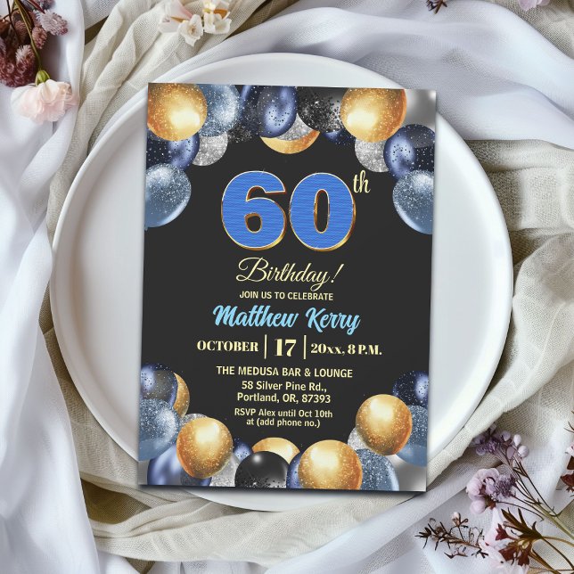 Invitation Fête d'anniversaire élégante bleue argent or 60 an (Créateur téléchargé)