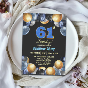 Invitation Fête d'anniversaire élégante bleue argent or 61 an