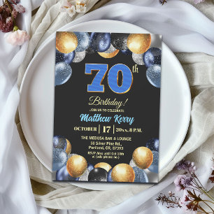 Invitation Fête d'anniversaire élégante bleue argent or 70 an
