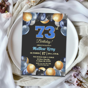 Invitation Fête d'anniversaire élégante bleue argent or 73 an