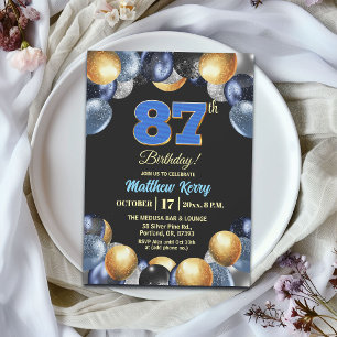 Invitation Fête d'anniversaire élégante bleue argent or 87 an