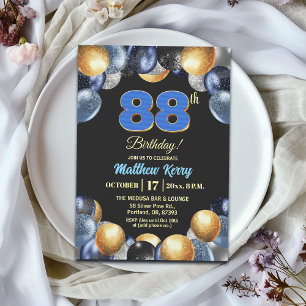 Invitation Fête d'anniversaire élégante bleue argent or 88 an
