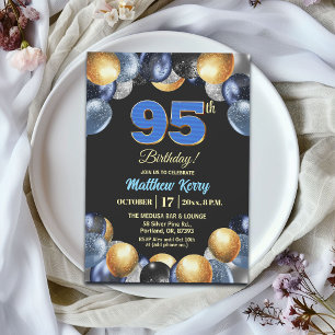 Invitation Fête d'anniversaire élégante bleue argent or 95 an