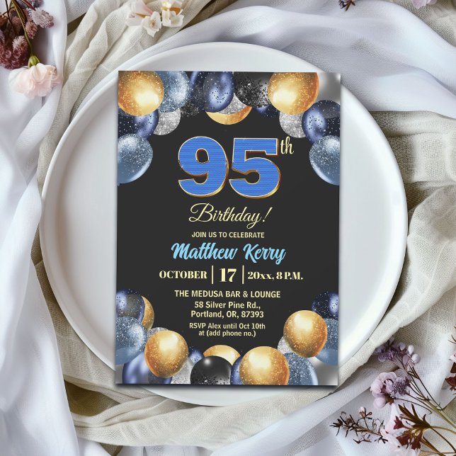 Invitation Fête d'anniversaire élégante bleue argent or 95 an (Créateur téléchargé)