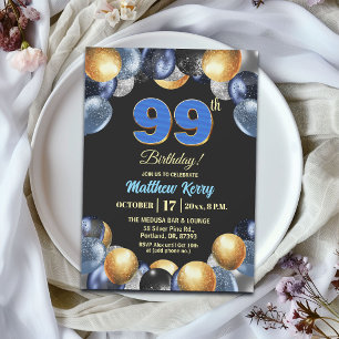 Invitation Fête d'anniversaire élégante bleue argent or 99 an