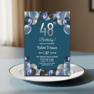 Invitation Fête d'anniversaire élégante bleue argent paillett