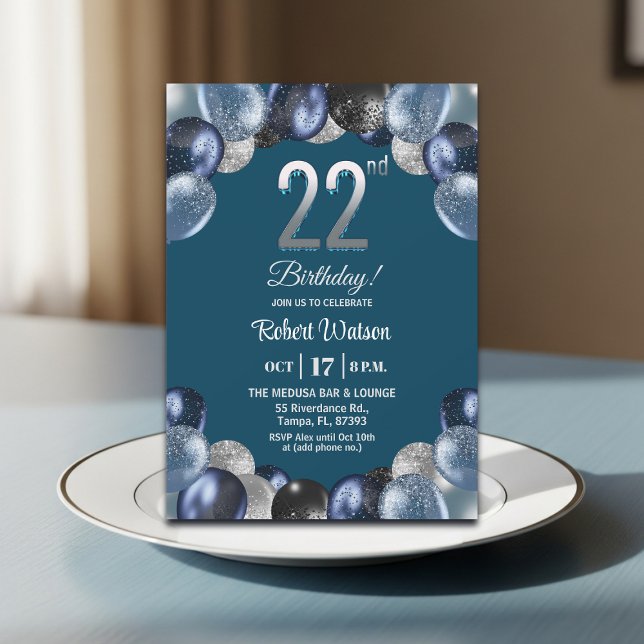 Invitation Fête d'anniversaire élégante bleue argentée 22 ans (Créateur téléchargé)