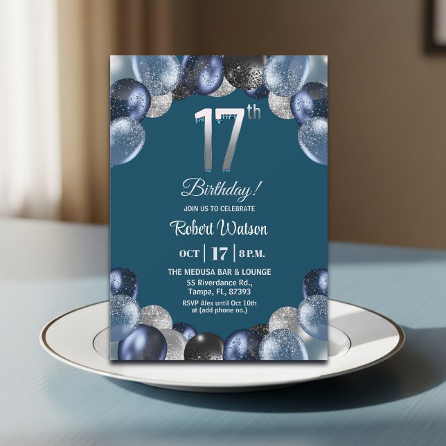 Invitation Fête d'anniversaire élégante bleue et argentée 17  (Créateur téléchargé)