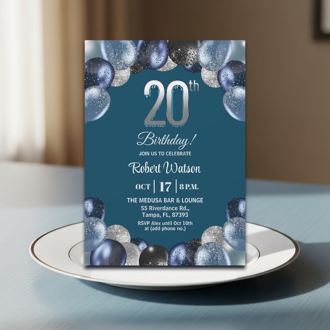 Invitation Fête d'anniversaire élégante bleue et argentée 20  (Créateur téléchargé)