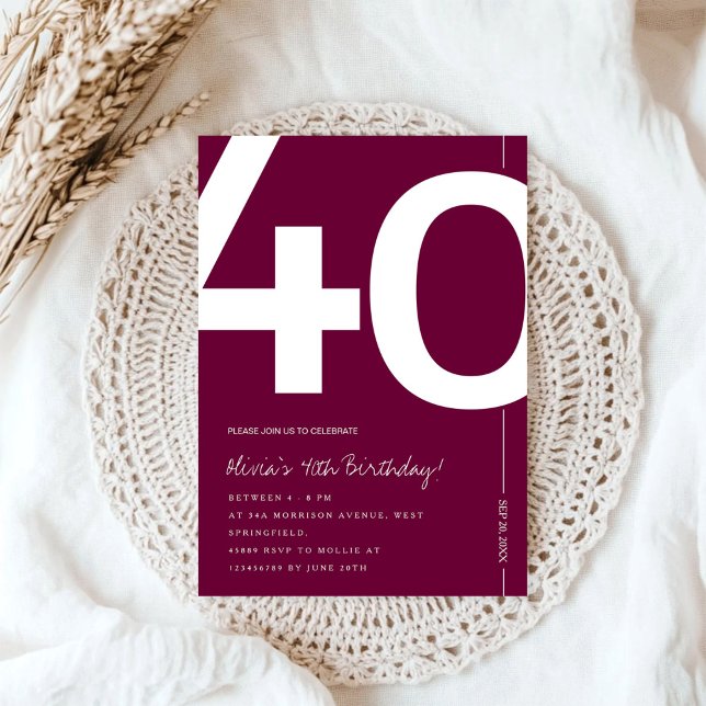 Invitation Fête d'anniversaire élégante bordeaux pour les 40  (Créateur téléchargé)