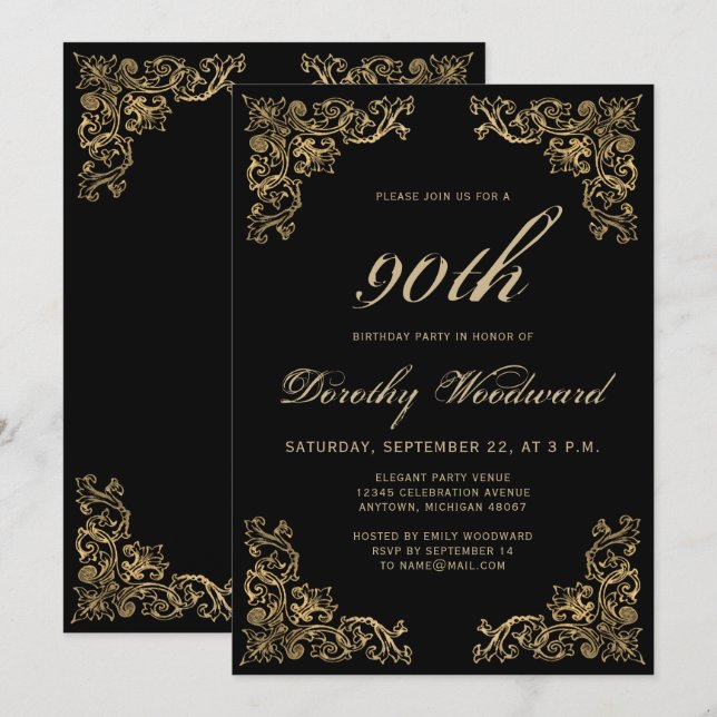 Invitation Fête d'anniversaire élégante cadre doré noir (Devant / Derrière)