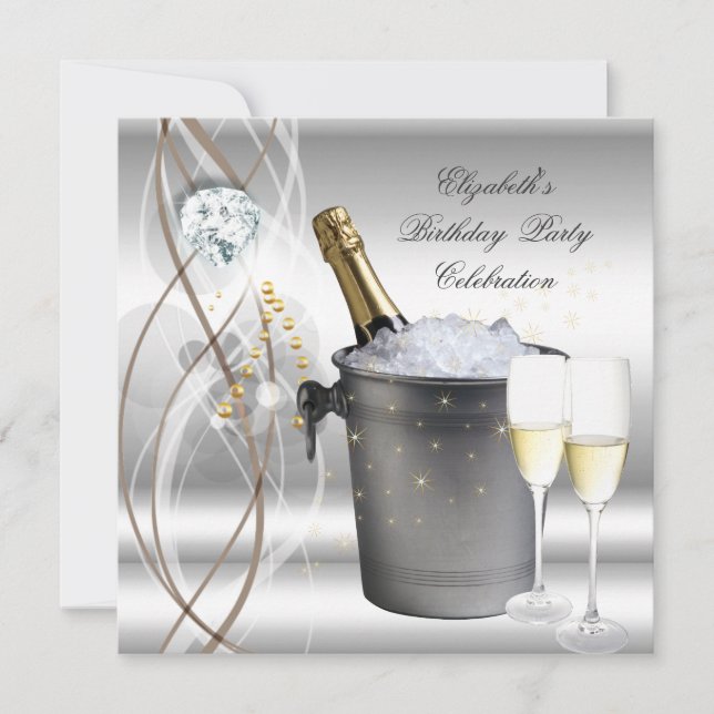 Invitation Fête d'anniversaire élégante champagne argent or (Devant)