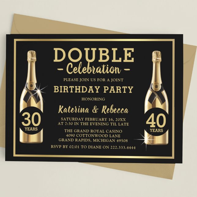 Invitation Fête d'anniversaire élégante Champagne doré Double (Créateur téléchargé)