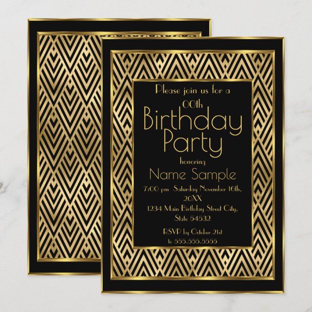 Invitation Fête d'anniversaire élégante Chevron Art Déco noir (Devant / Derrière)