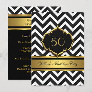 Invitation Fête d'anniversaire élégante chevron noir blanc or