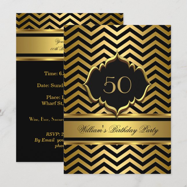 Invitation Fête d'anniversaire élégante chevron noir or (Devant / Derrière)