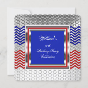 Invitation Fête d'anniversaire élégante chevron rouge bleu ar