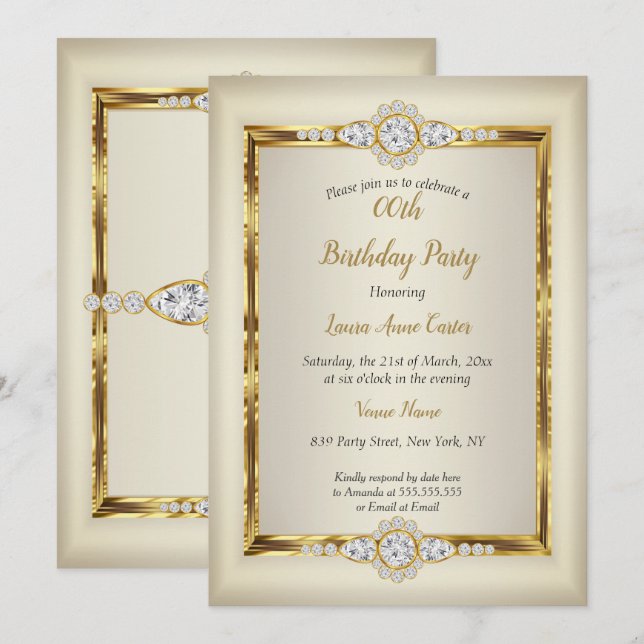 Invitation Fête d'anniversaire élégante crème or diamant (Devant / Derrière)
