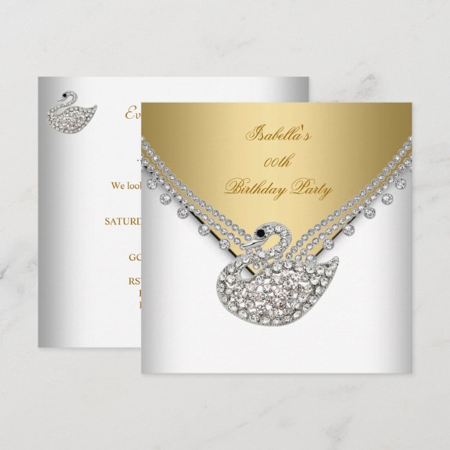 Invitation Fête d'anniversaire élégante Cygne Blanc Or (Devant / Derrière)