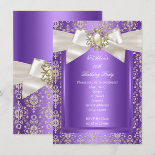 Invitation Fête d'anniversaire élégante damas violet perle cr