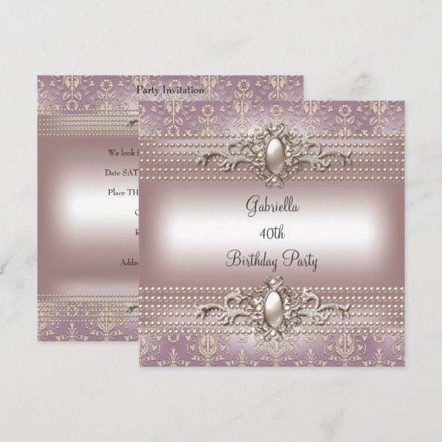 Invitation Fête d'anniversaire élégante Damask rose crème per (Devant / Derrière)