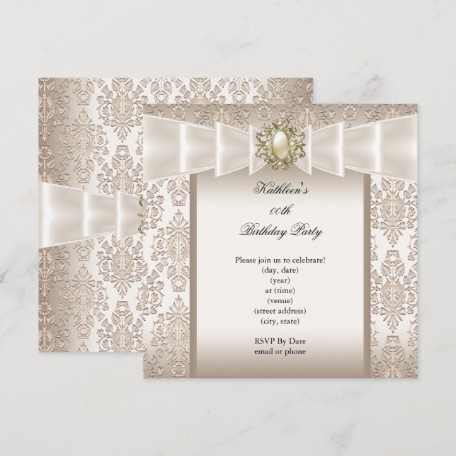 Invitation Fête d'anniversaire élégante Damassé Perle Crème (Devant / Derrière)